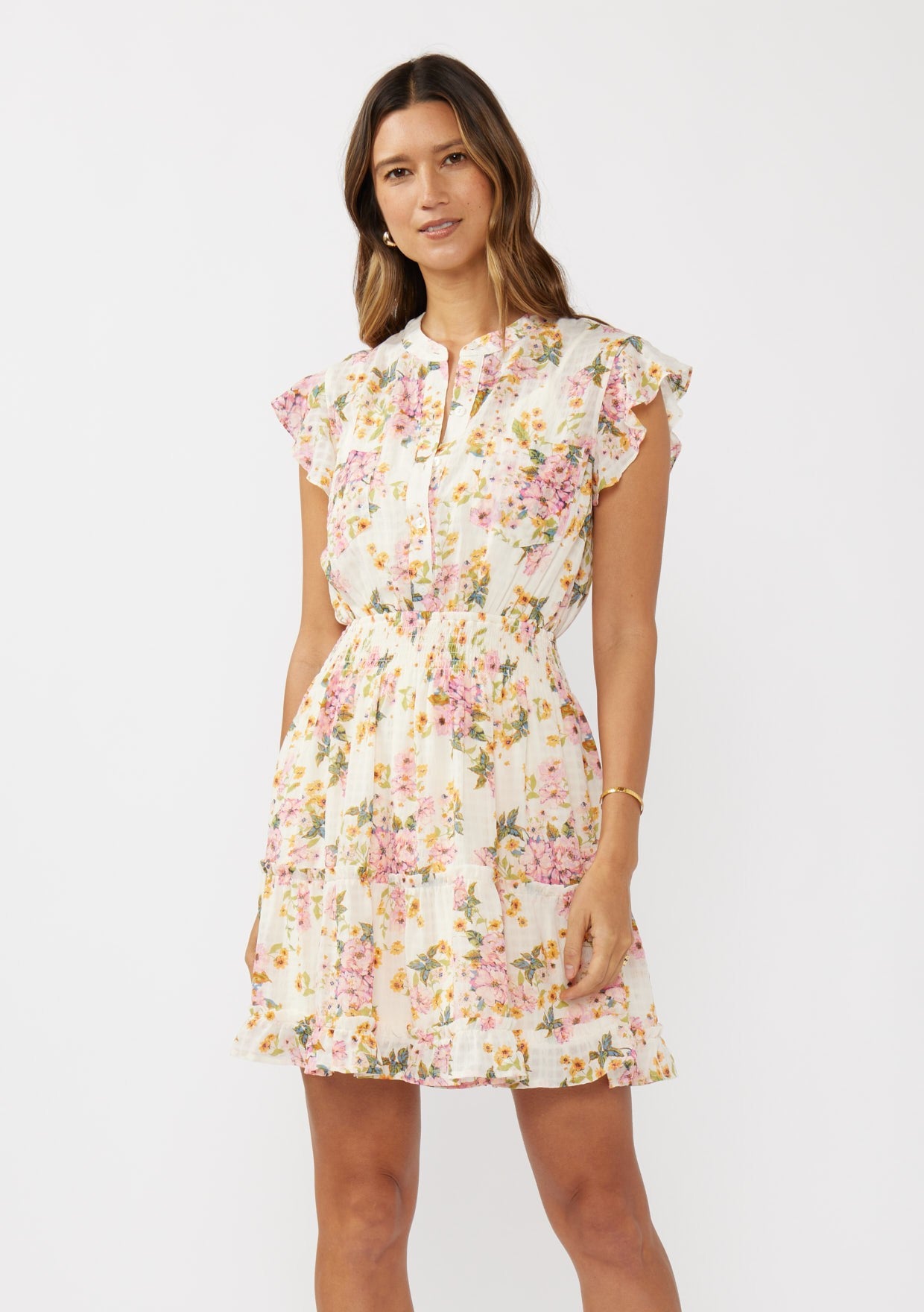 Flutter Sleeve Floral Smocked Mini Dress