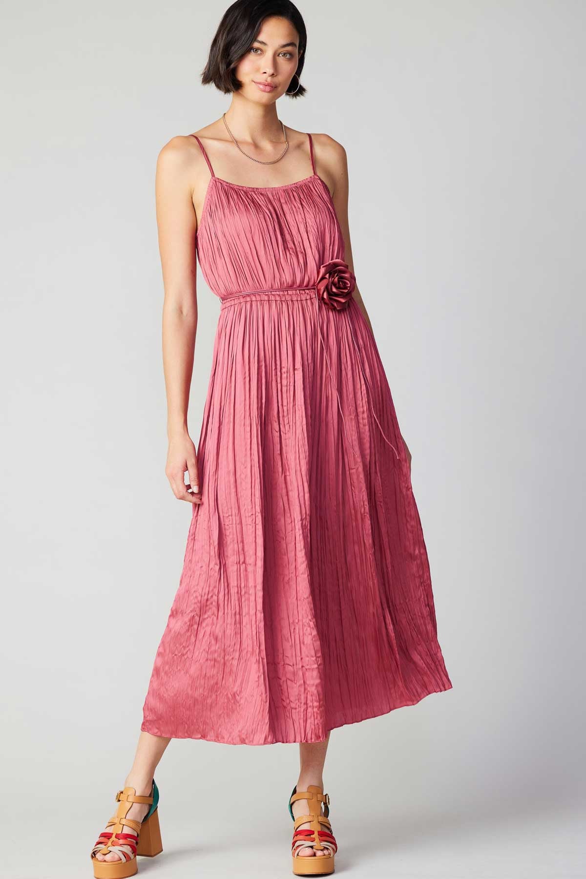 Satin Midi Dress with Rose Detail