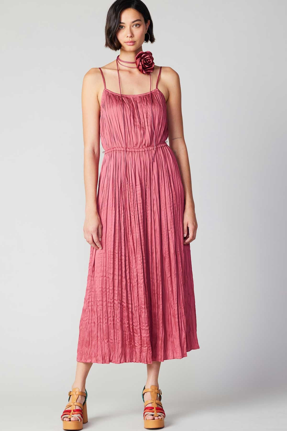 Satin Midi Dress with Rose Detail