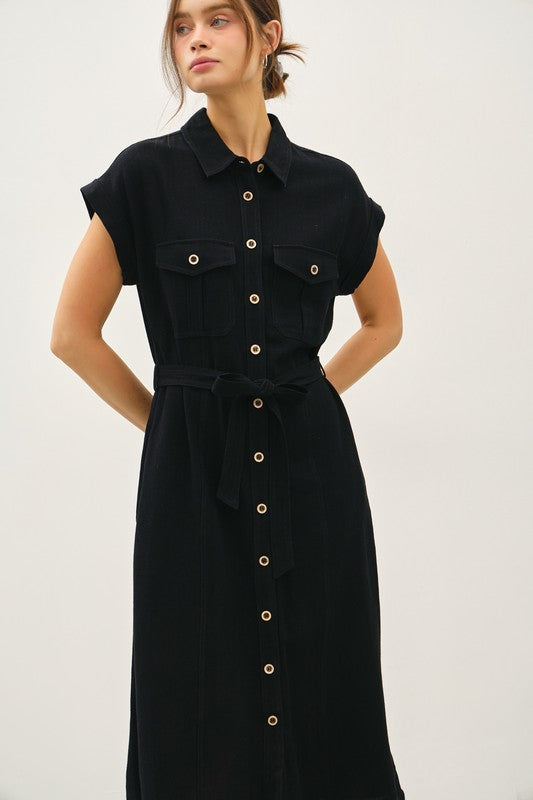Modern Utility Button-Up Midi Dress