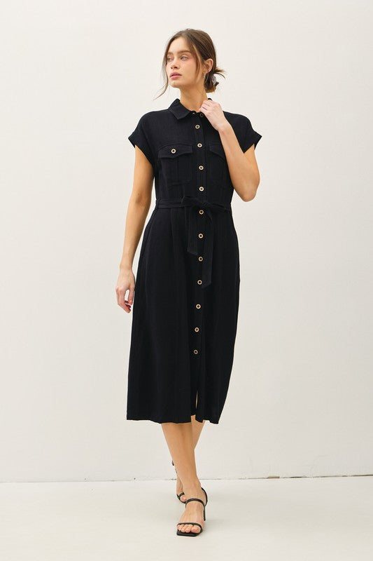 Modern Utility Button-Up Midi Dress