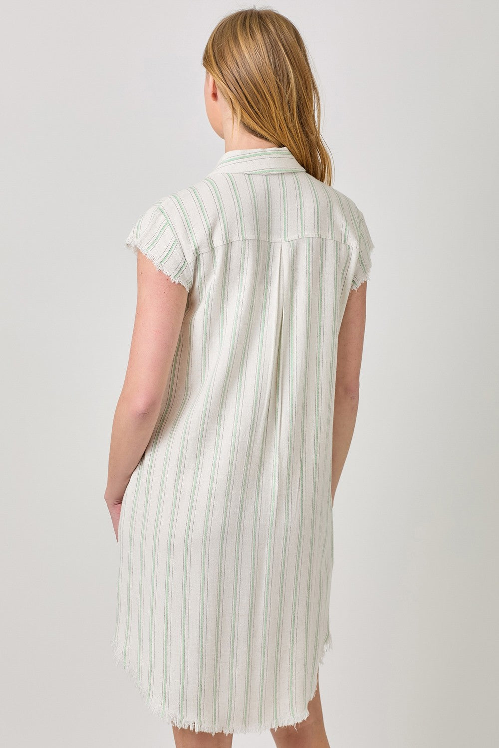 Striped Button Down Shirt Dress with Frayed Edge