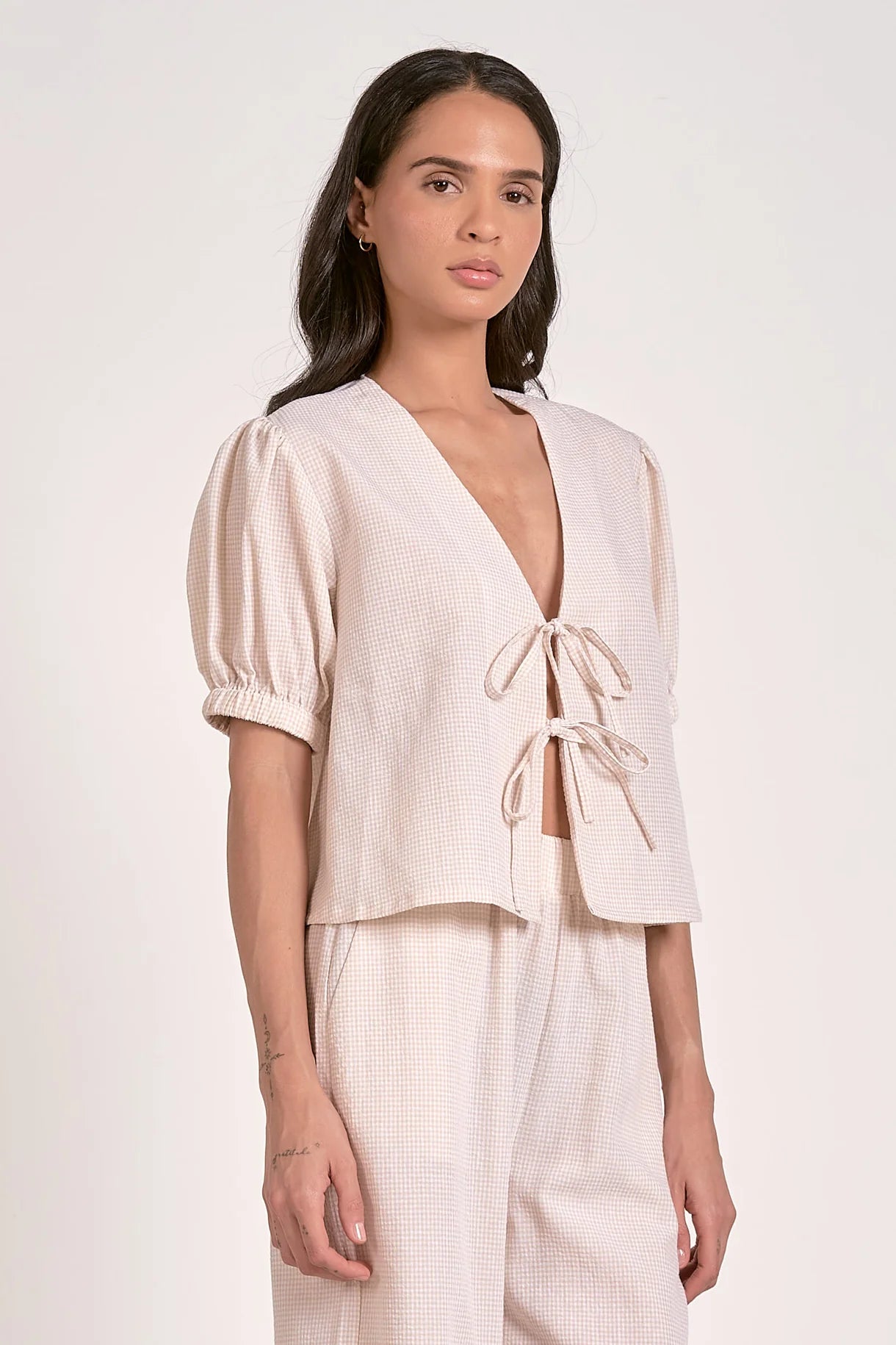Elan | Lightweight Gingham Tie-Front Blouse