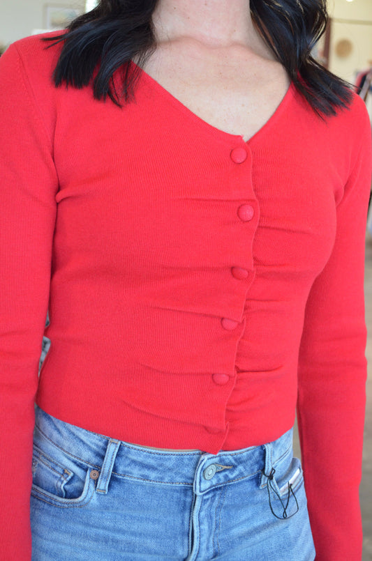 Ruched Button Down Knit Sweater