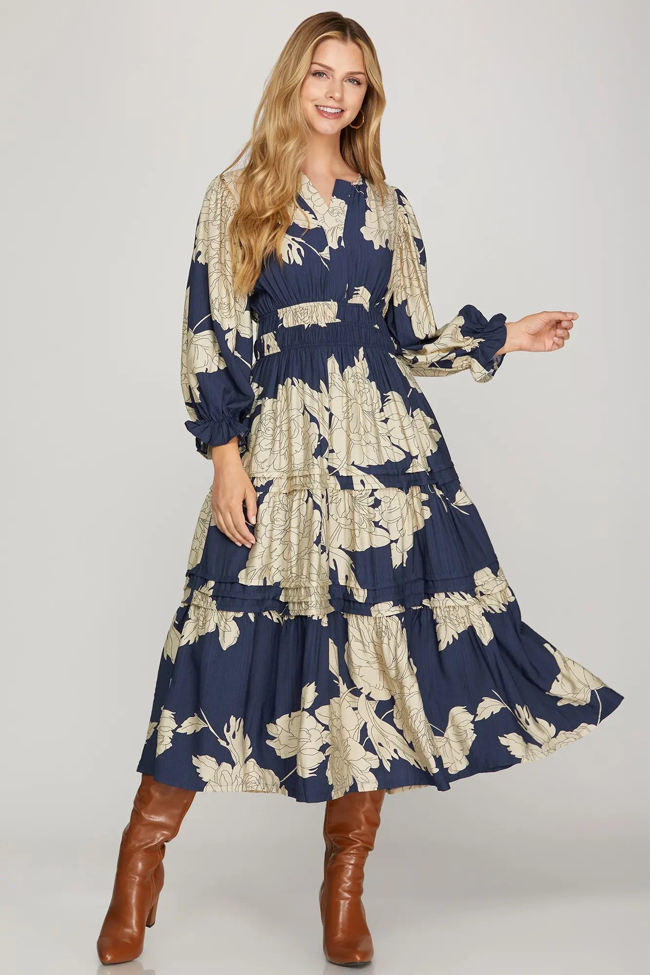 Midnight Floral Tiered Midi Dress