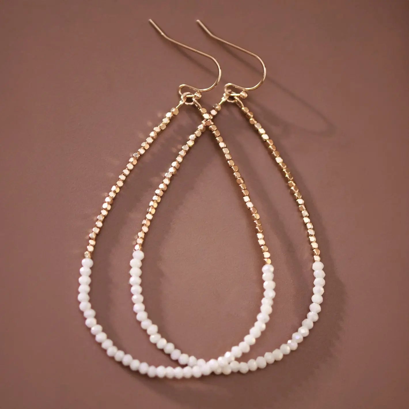 White & Gold Beaded Teardrop Earrings