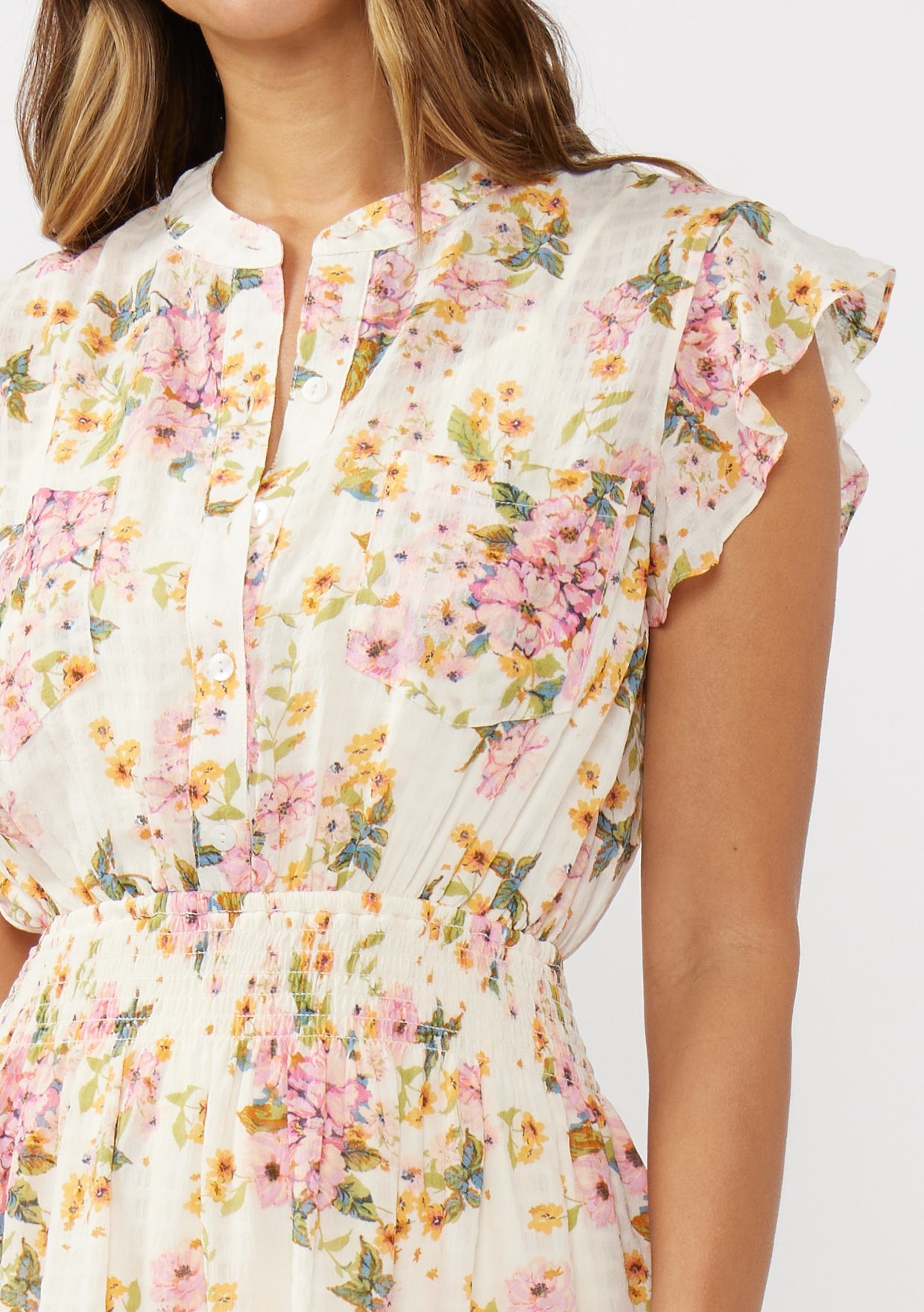 Flutter Sleeve Floral Smocked Mini Dress
