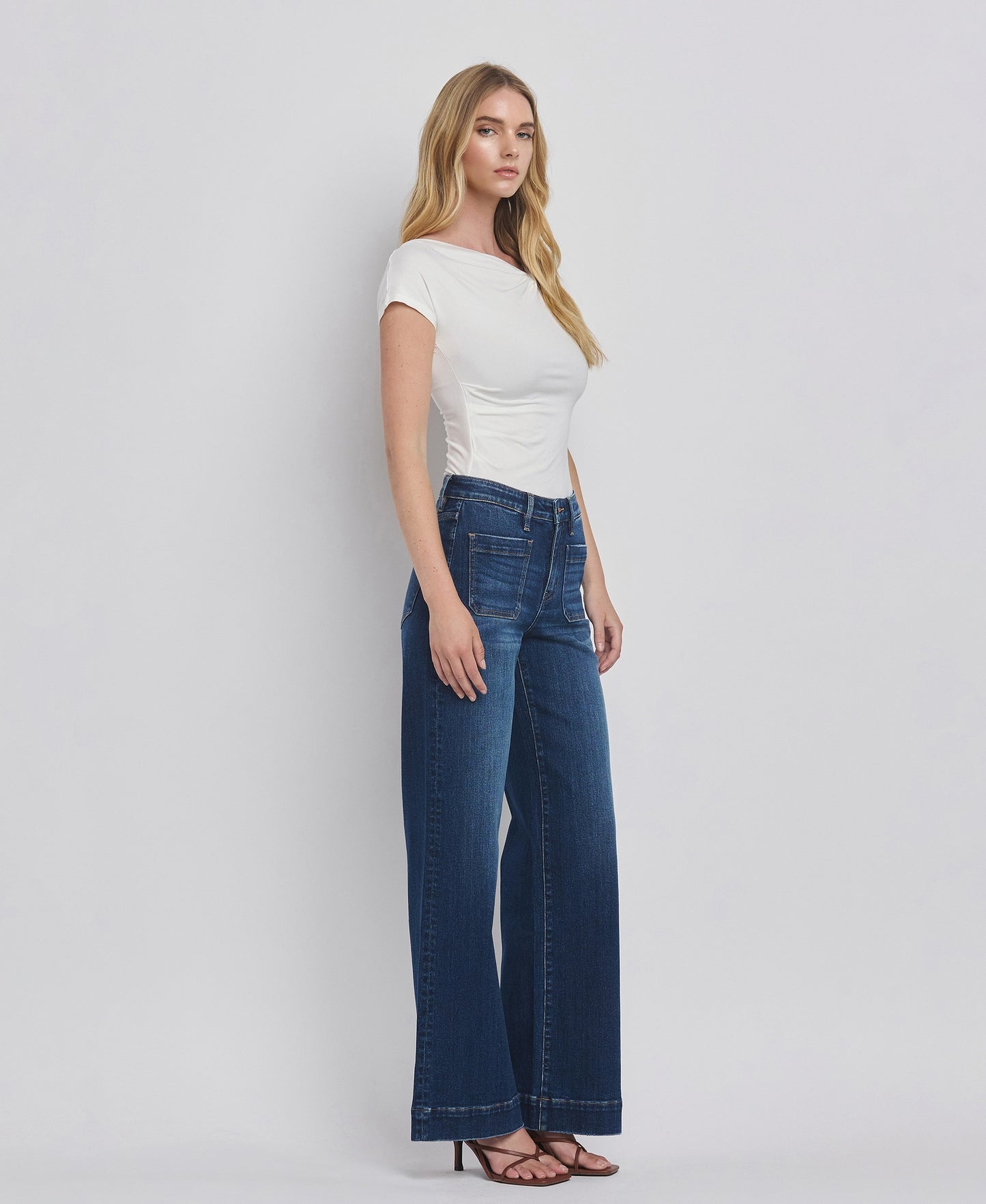 High Rise Front Patch Pocket Wide Leg
