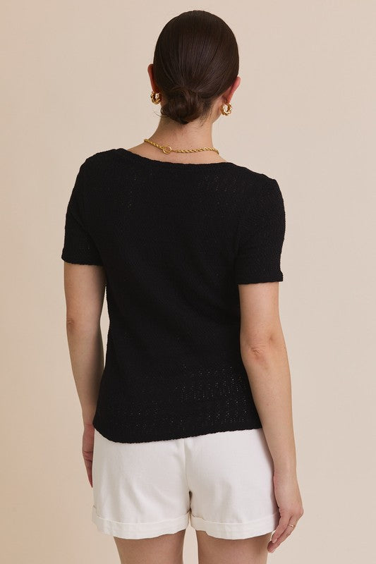 Black Textured Scoop Neck Short Sleeve Top back