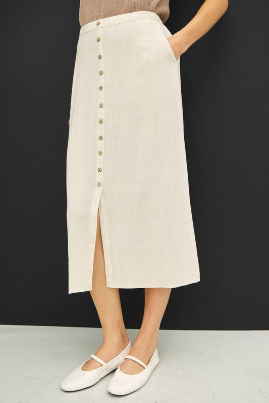 Button Front Linen Midi Skirt