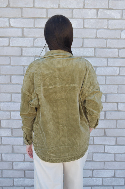 Dear John | Gina Button Front Oversized Denim Jacket Olive Branch Back