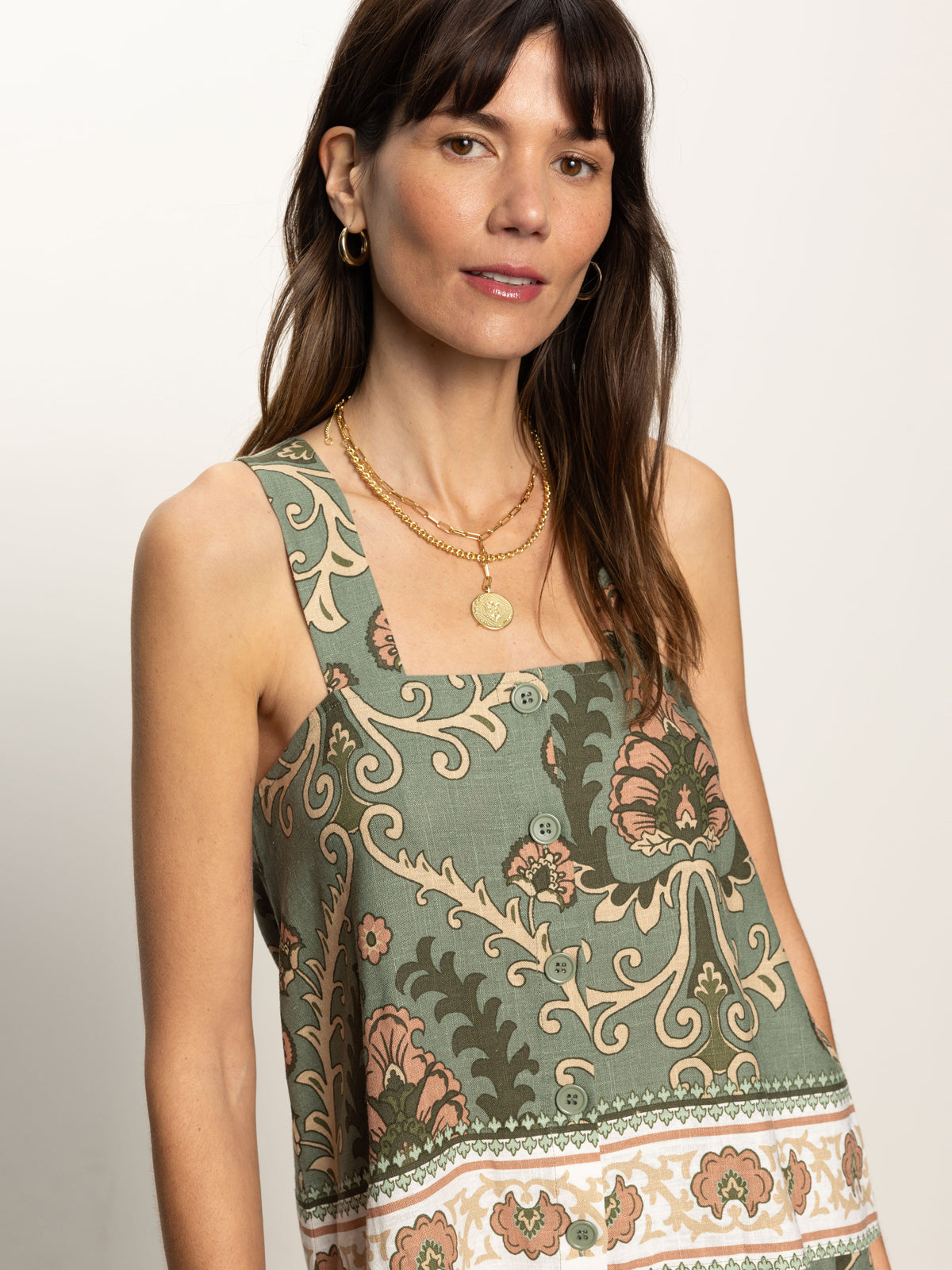 Sanctuary Button Back Floral Cami Olive Green