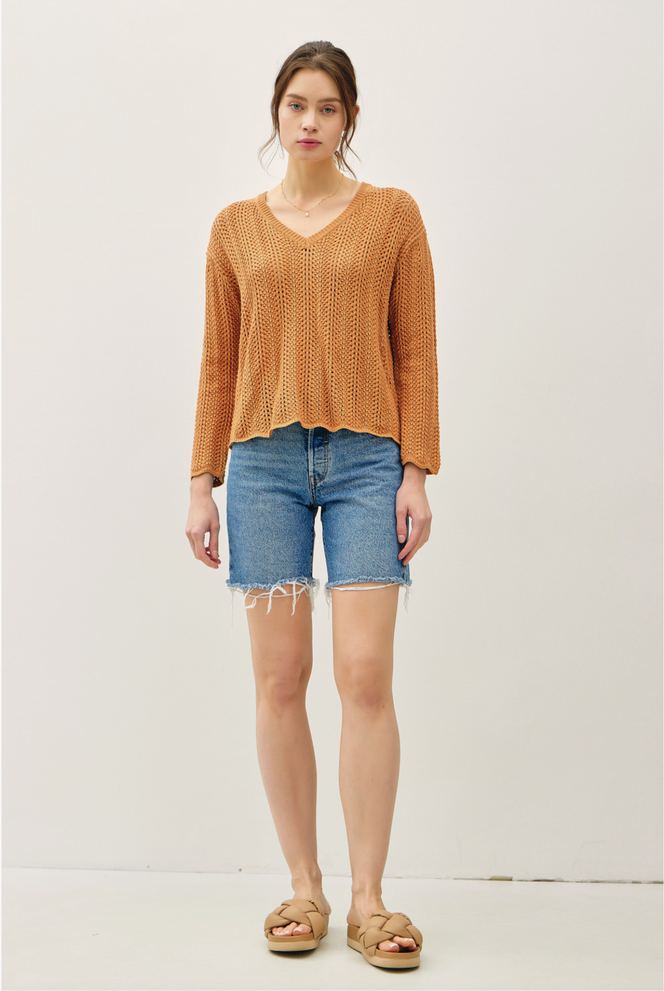 Textured Crochet V-Neck Pullover