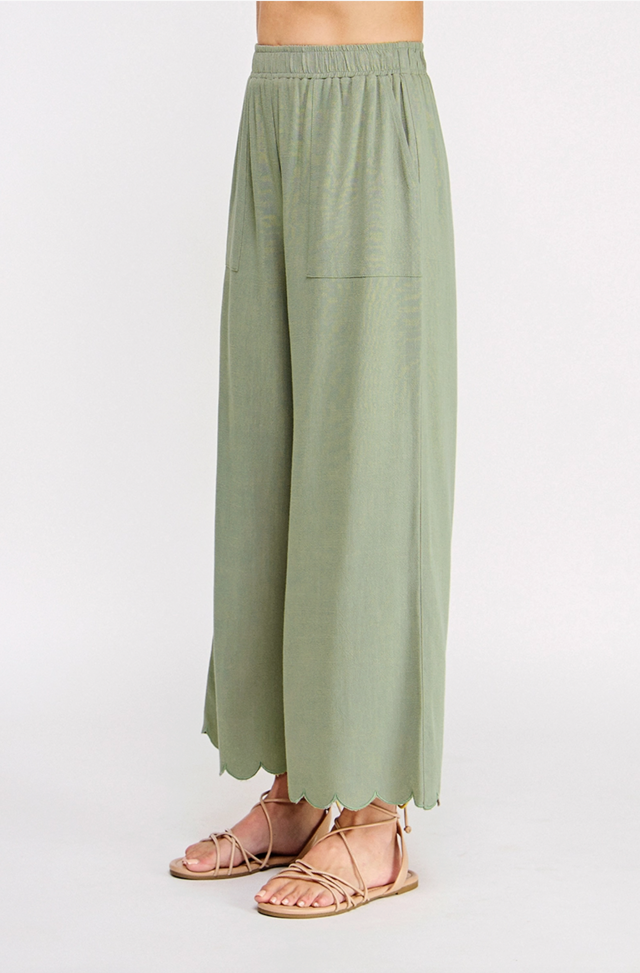 Linen Blend Scalloped Hem Pants