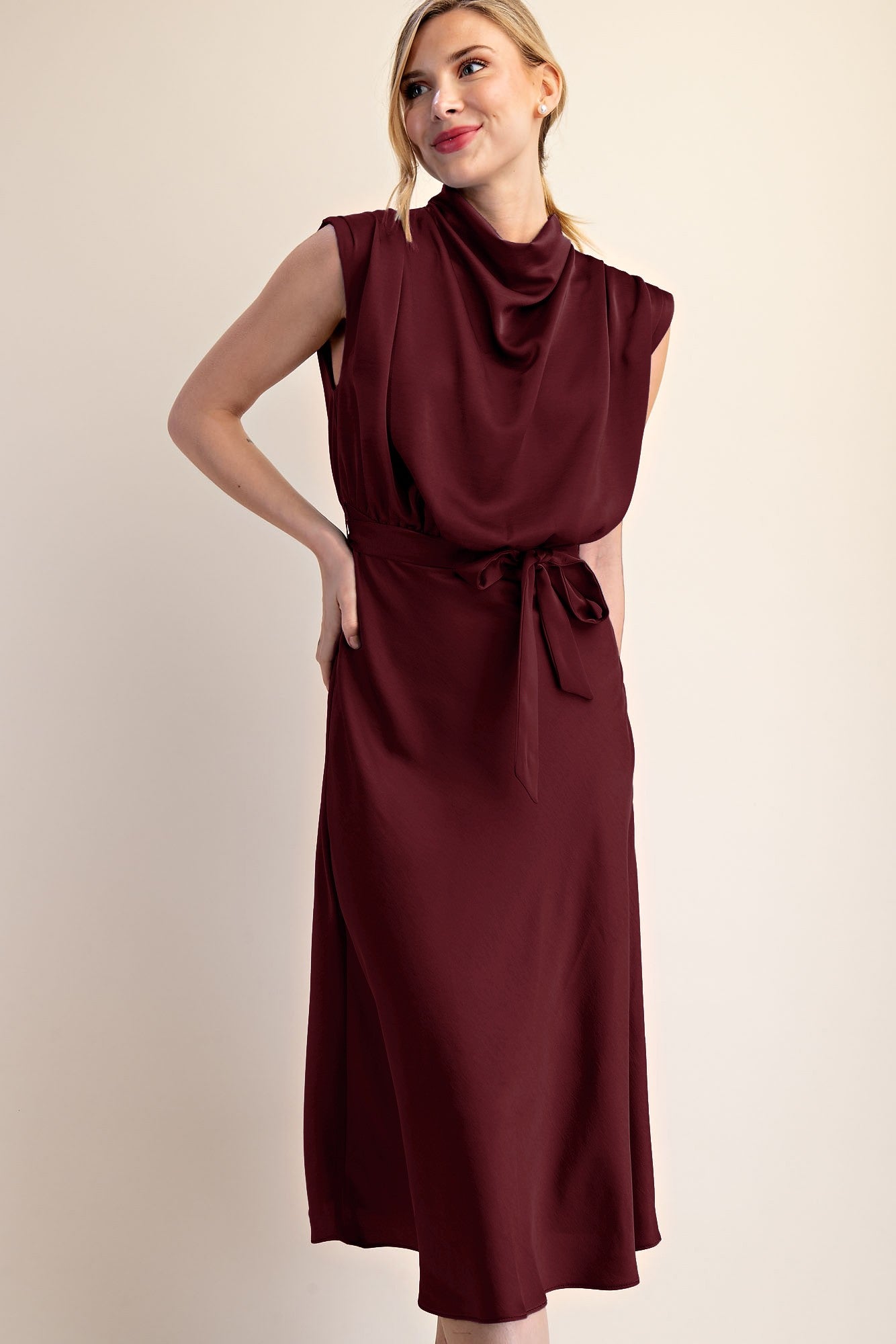 The Bordeaux Cowl Midi Dress Waist Tie Bow Detail