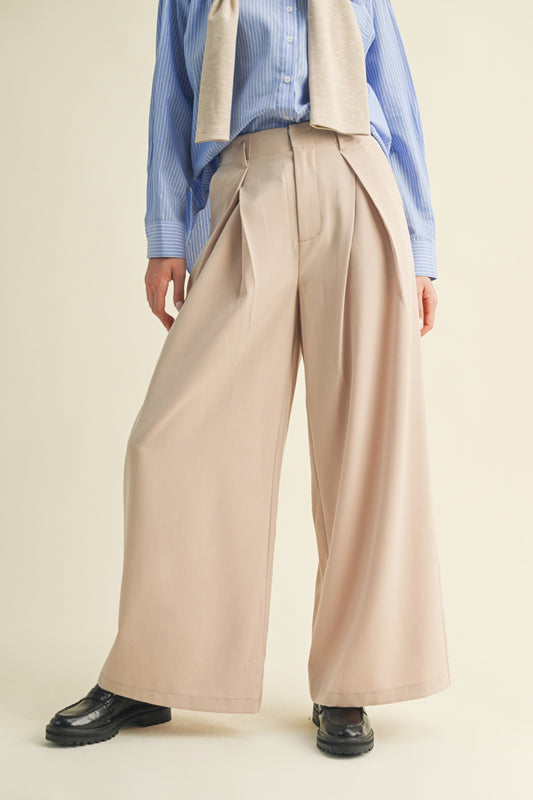 Tan Wide leg dress pants with pleats for women