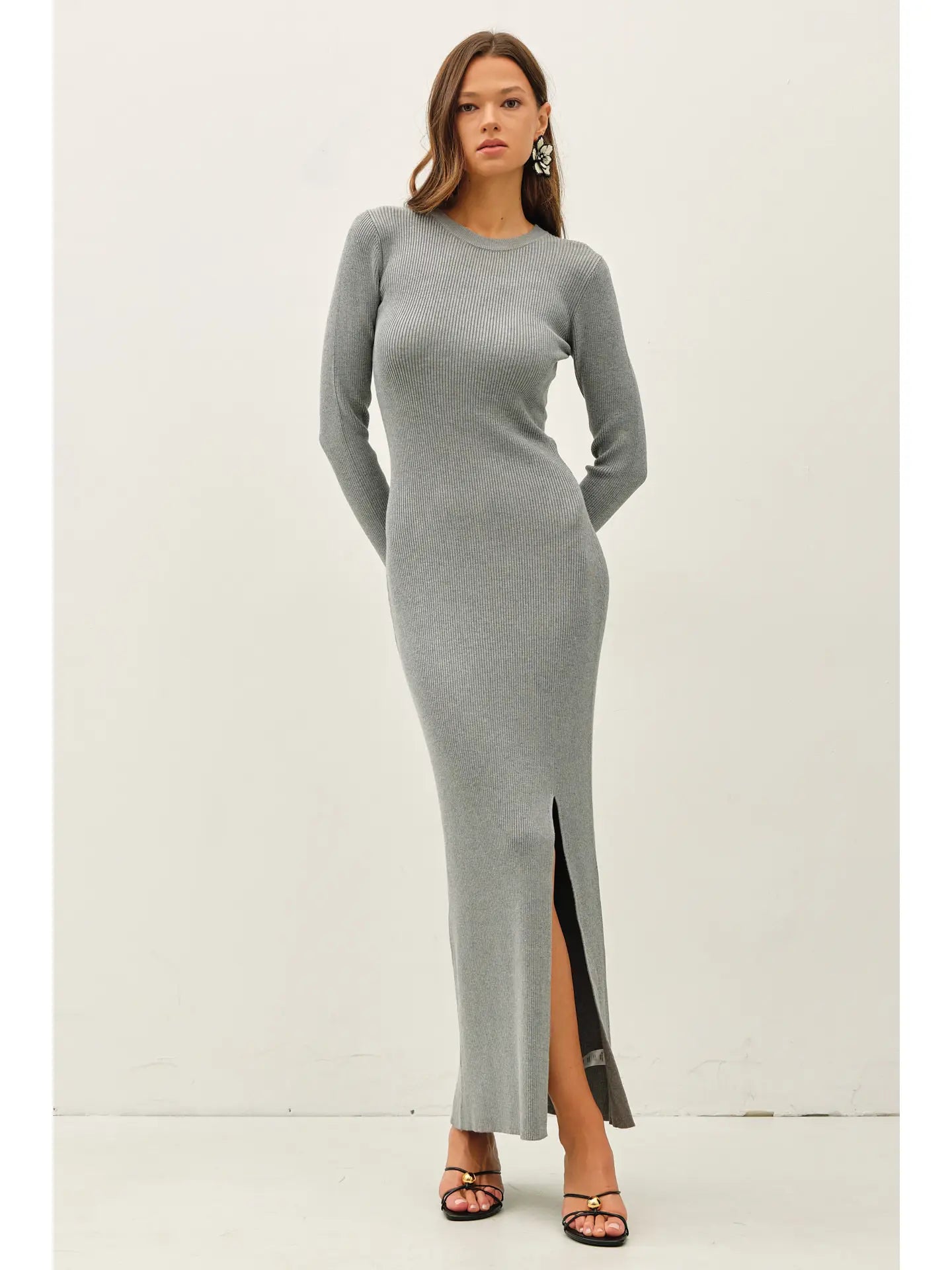 Heather Grey Ribbed Knit Long Sleeve Side Slit Maxi Dress Large