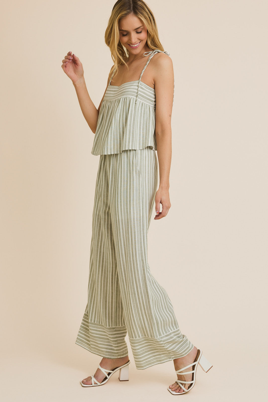 Striped Wide Leg Jumpsuit with Ruffle Detail