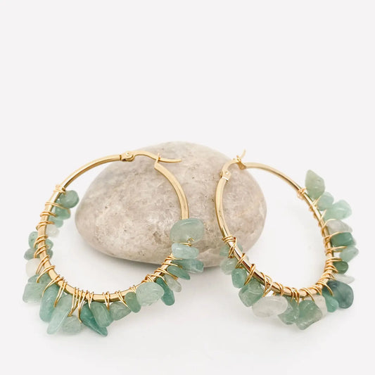 Hand-Wound Natural Stone Hoop Earrings