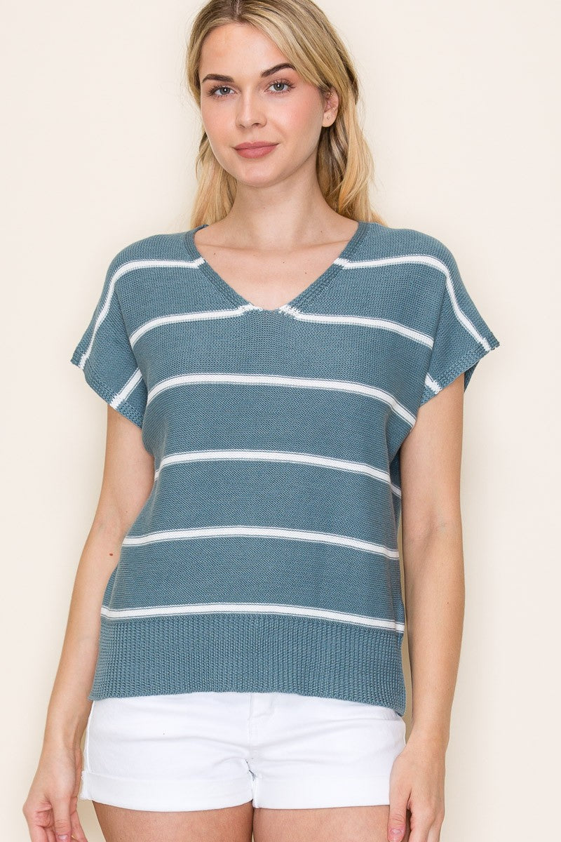 Sailor Stripe V-Neck Short Sleeve Sweater