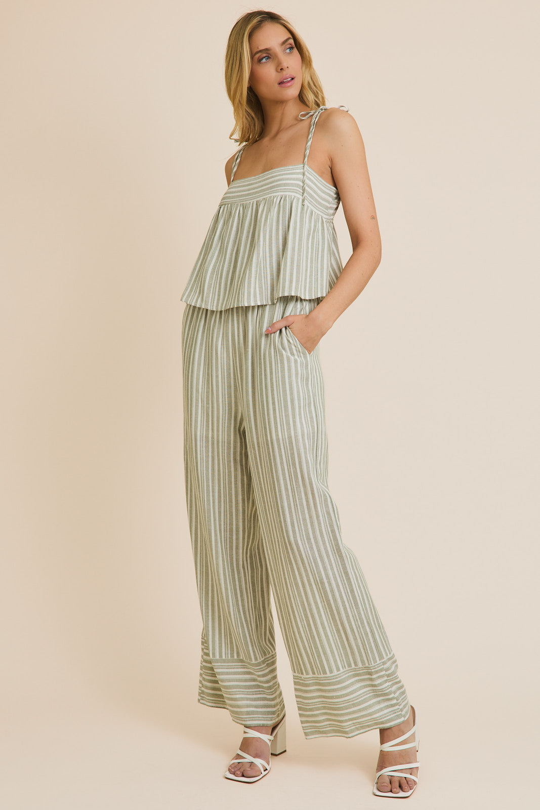 Striped Wide Leg Jumpsuit with Ruffle Detail