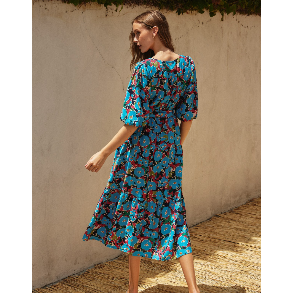 To The Sky Balloon Sleeve Floral Midi Dress