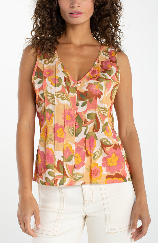 Liverpool | Sleveless V Neck Woven Top W/ Pintucks