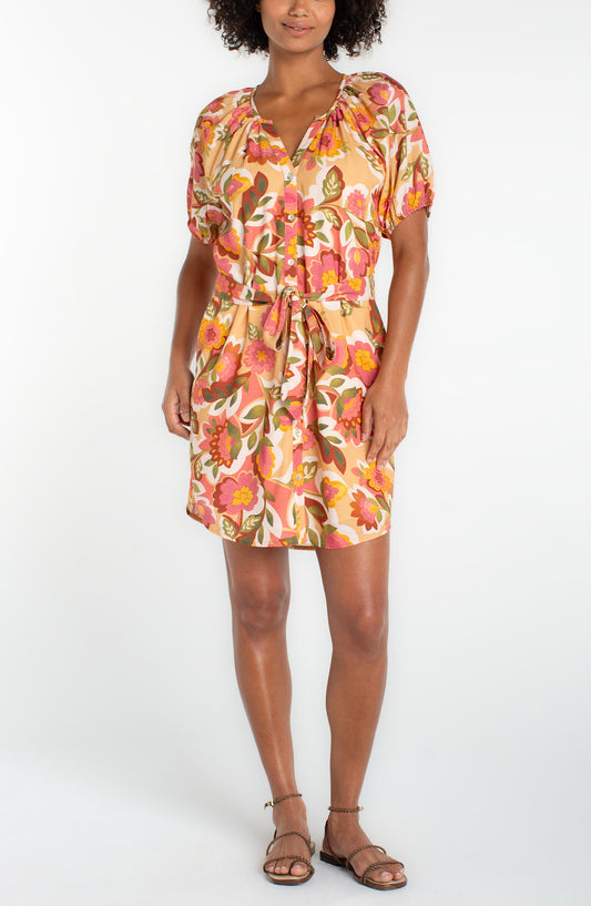 Liverpool | Short Sleeve Shirred Button Front Woven Dress
