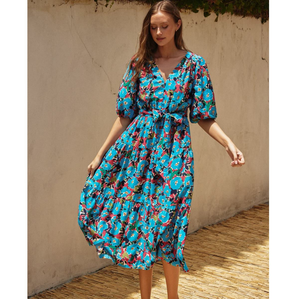 To The Sky Balloon Sleeve Floral Midi Dress