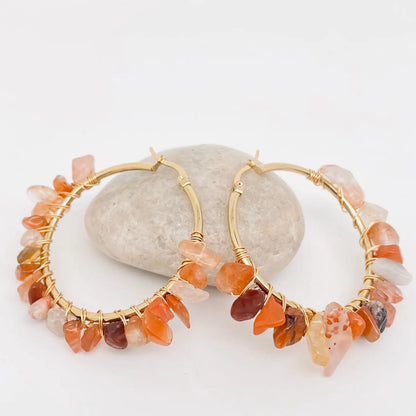 Hand-Wound Natural Stone Hoop Earrings
