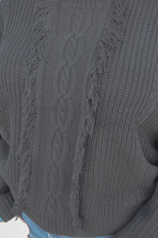 Liverpool Long Sleeve Cable Knit Sweater W/ Fringe