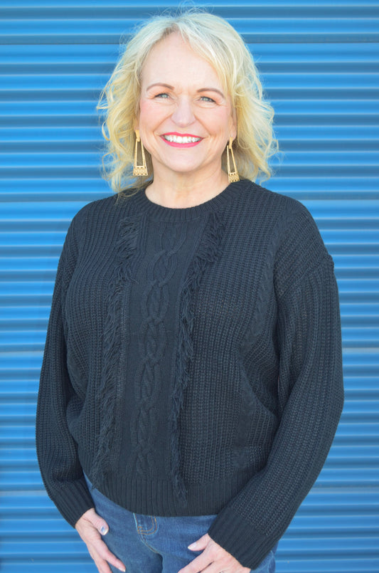 Liverpool Long Sleeve Cable Knit Sweater W/ Fringe