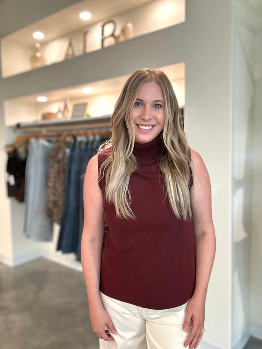 Sleeveless Turtle Neck Knit Top in Burgundy