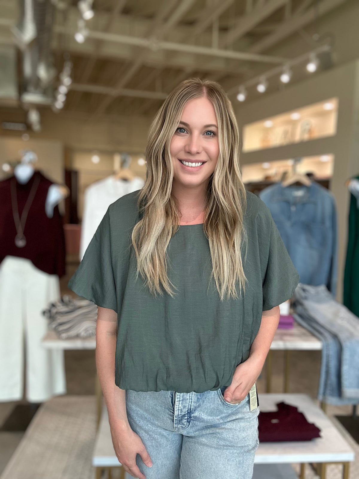 Prairie Breeze Bubble Blouse in Olive