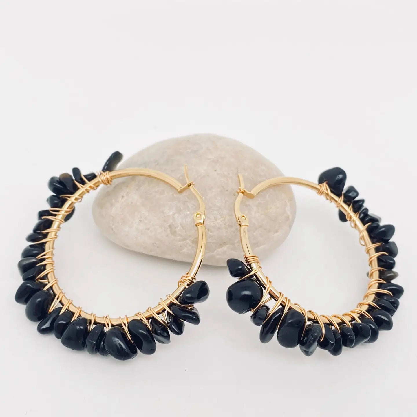 Hand-Wound Natural Stone Hoop Earrings
