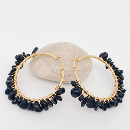Hand-Wound Natural Stone Hoop Earrings