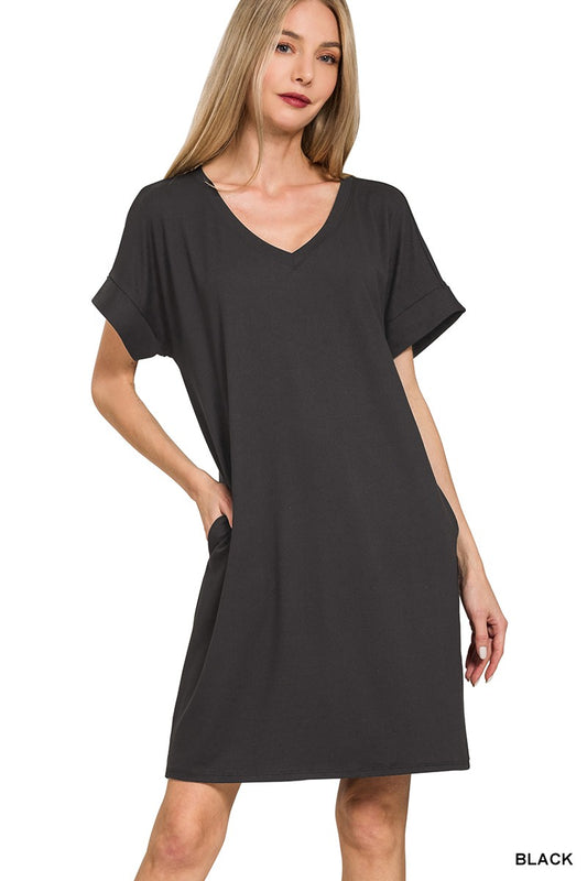 Soft Touch V-Neck Rolled Sleeve T-Shirt Dress