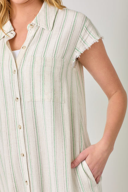 Striped Button Down Shirt Dress with Frayed Edge