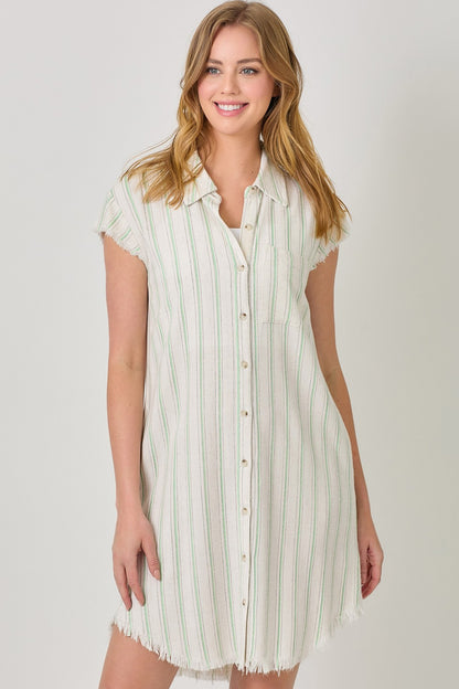 Striped Button Down Shirt Dress with Frayed Edge