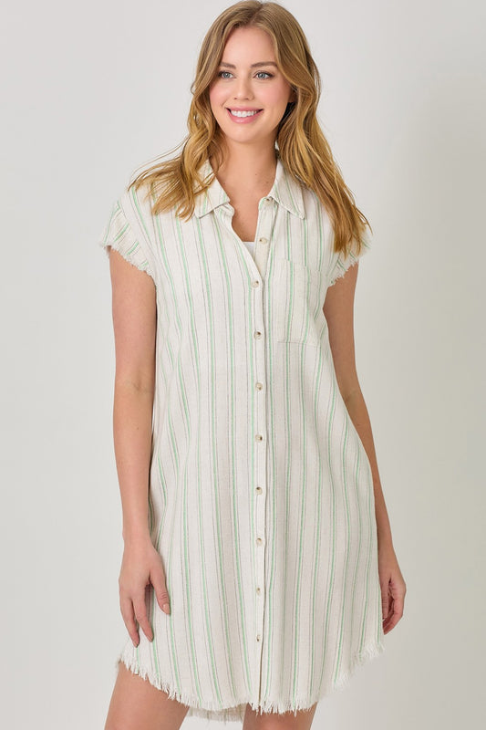 Striped Button Down Shirt Dress with Frayed Edge