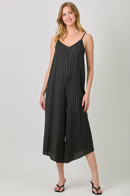Casual Striped V-Neck Jumpsuit – Cropped Wide Leg