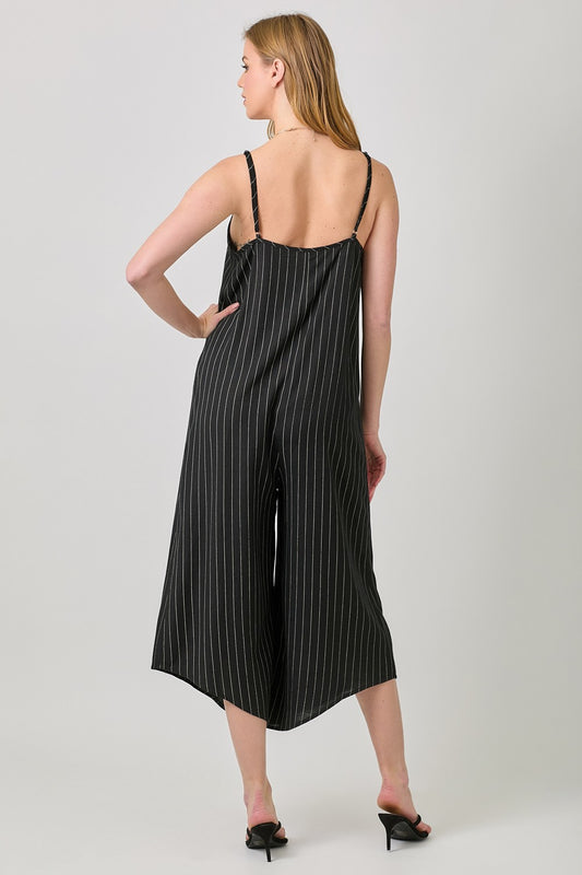 Casual Striped V-Neck Jumpsuit – Cropped Wide Leg