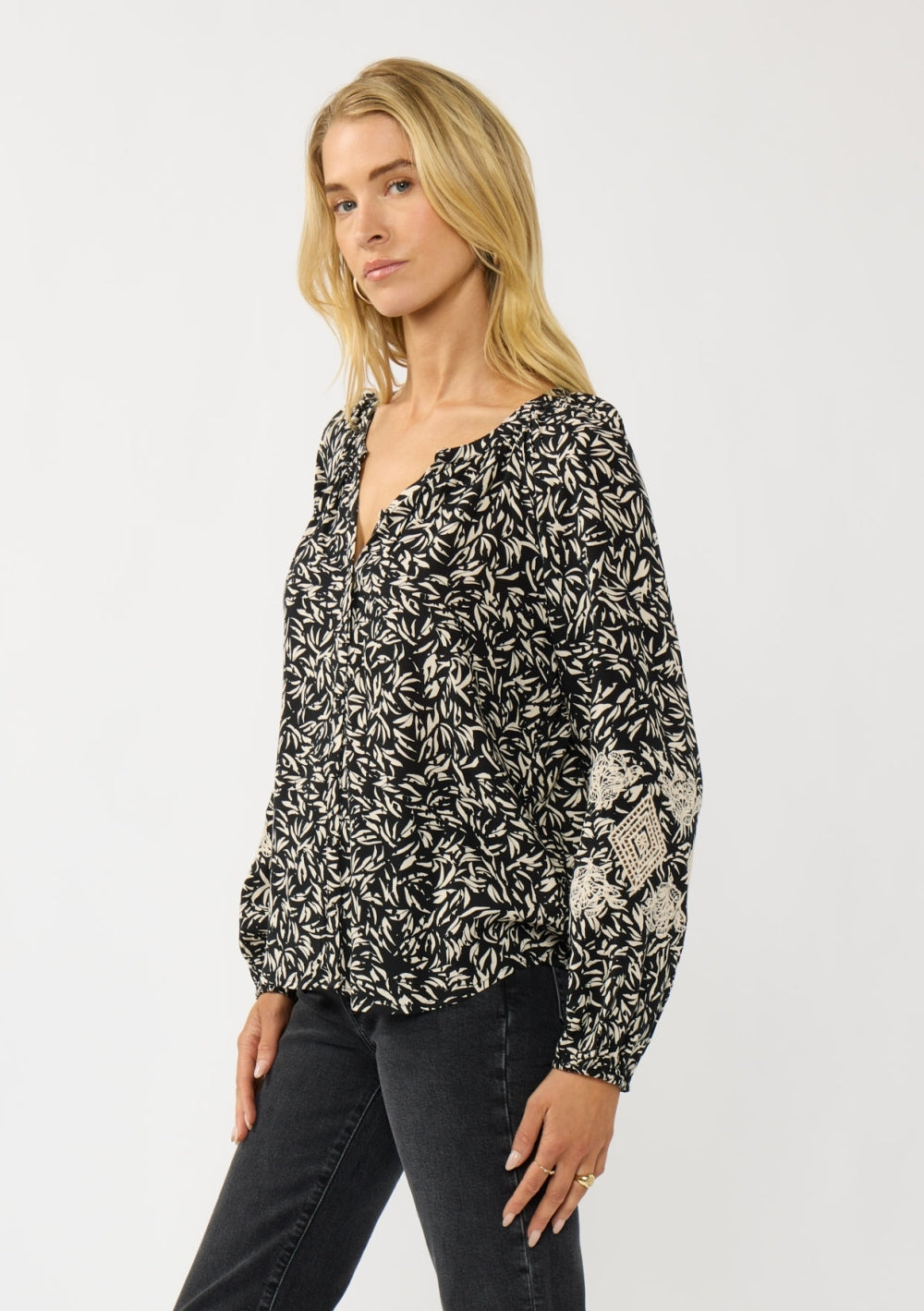 Boho Botanical Print Puff Sleeve Blouse