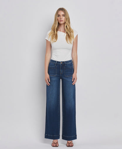High Rise Front Patch Pocket Wide Leg