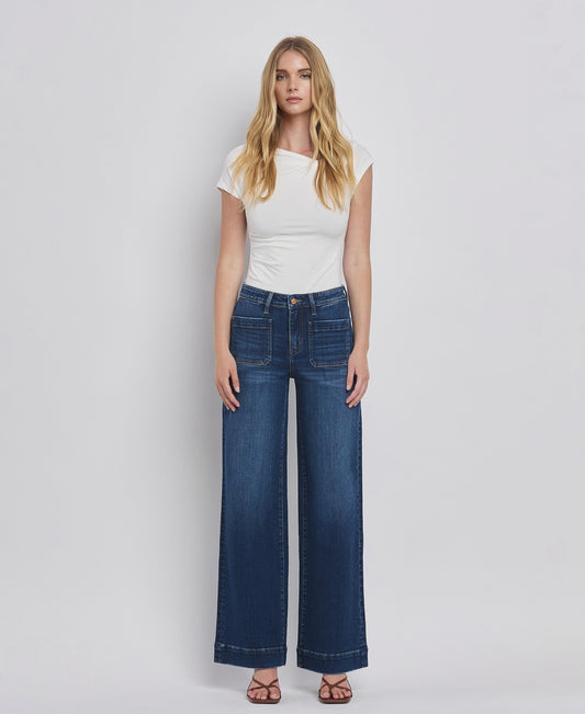 High Rise Front Patch Pocket Wide Leg