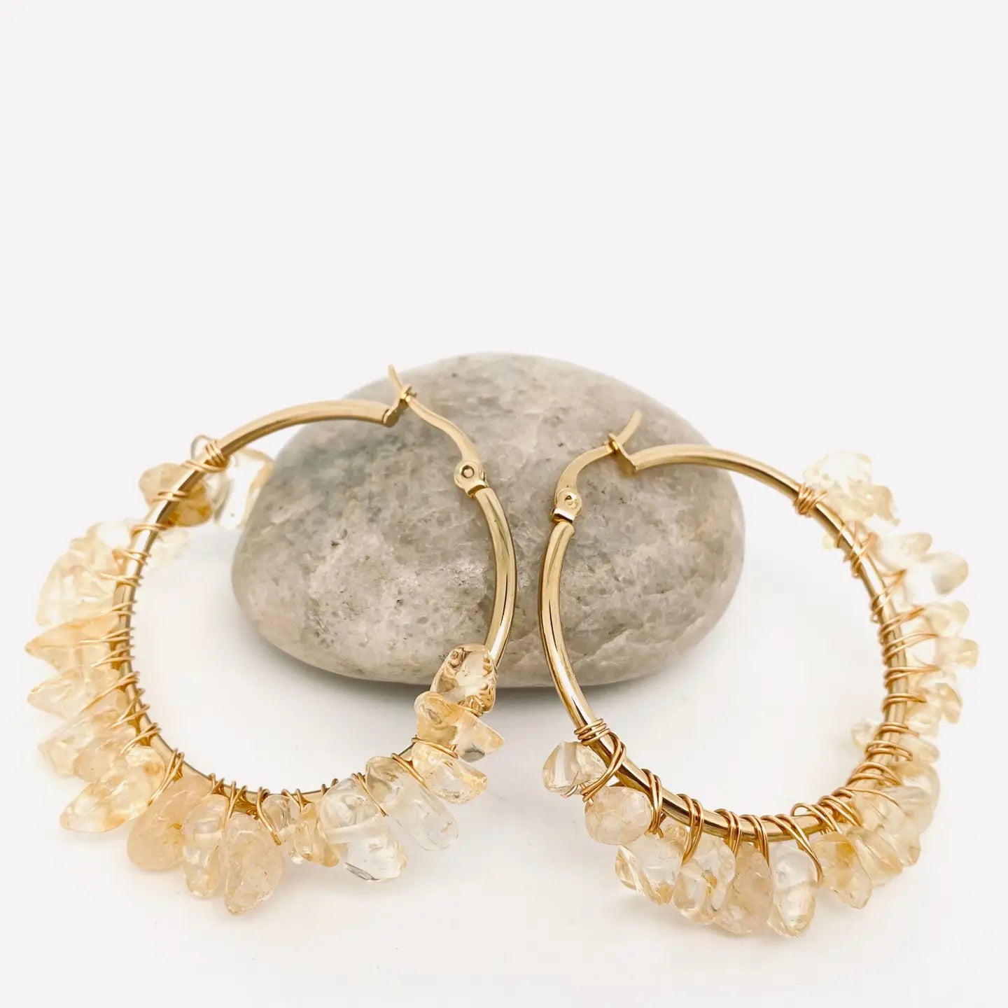 Hand-Wound Natural Stone Hoop Earrings