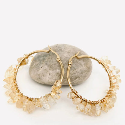 Hand-Wound Natural Stone Hoop Earrings