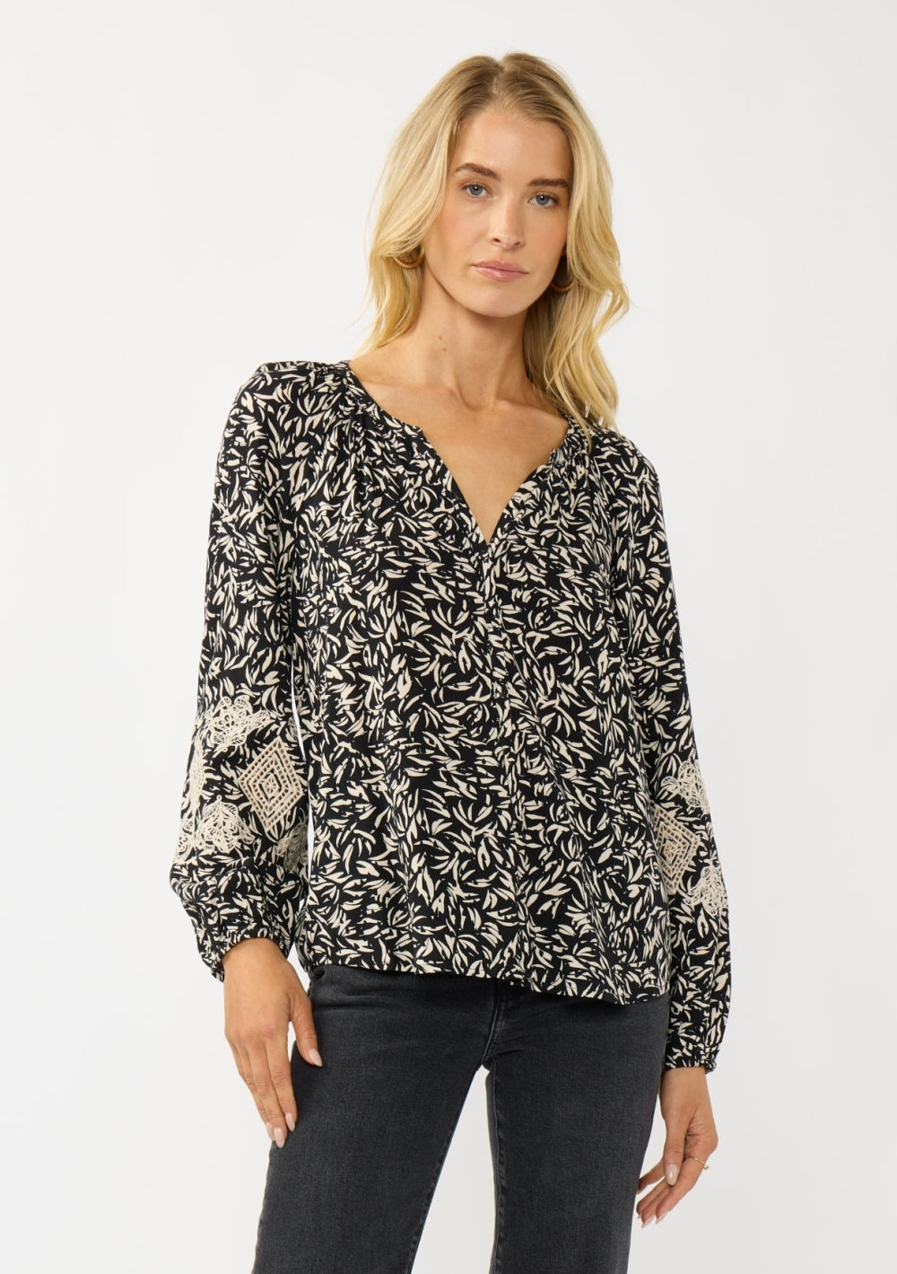 Boho Botanical Print Puff Sleeve Blouse