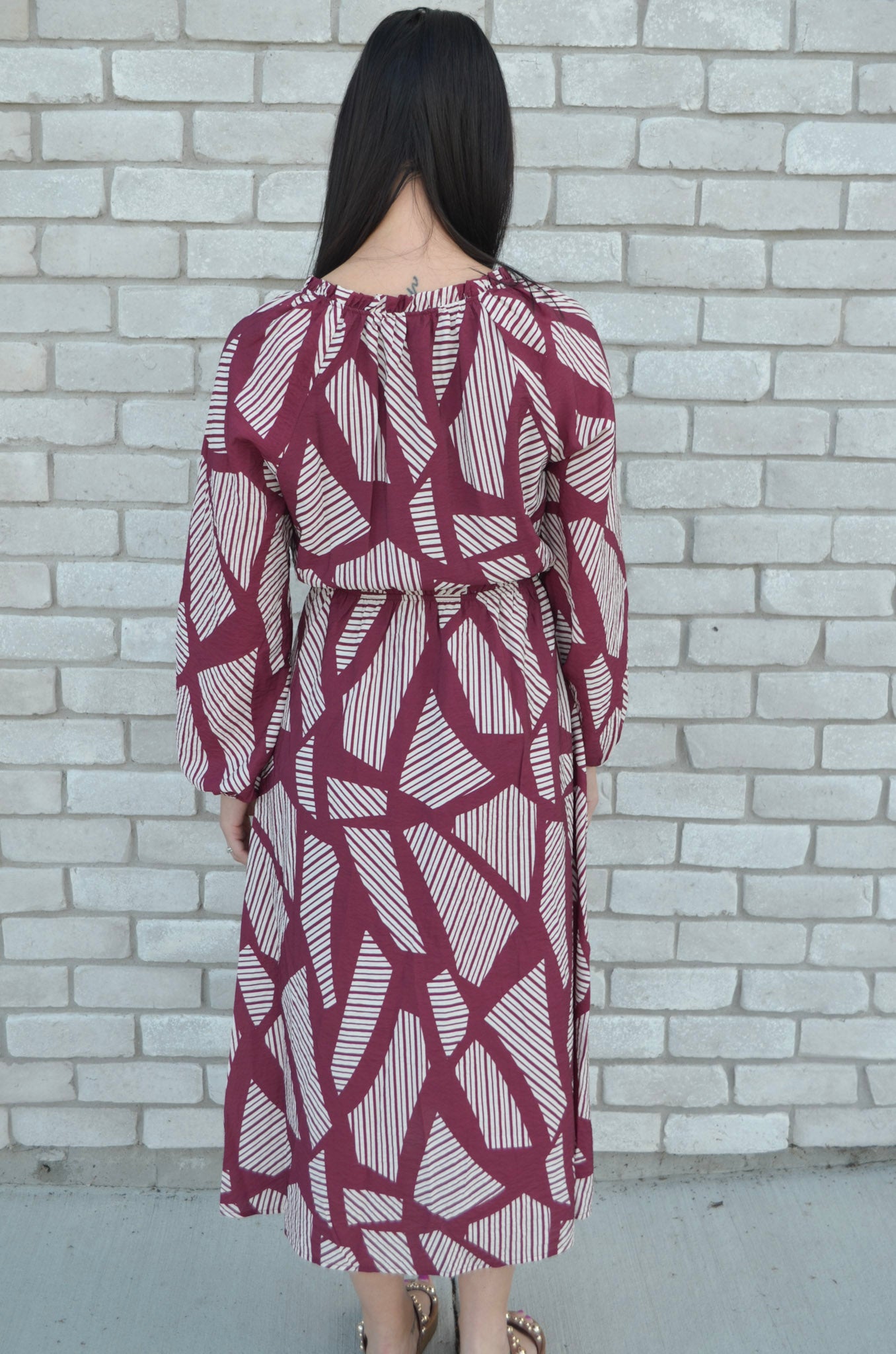 Notch Neck Button Up Long Sleeve Abstract Midi Dress