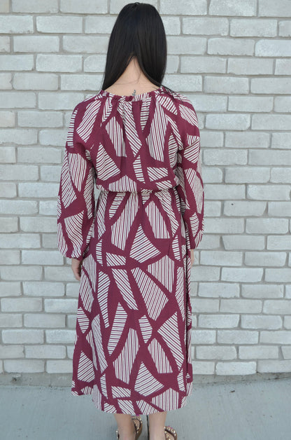 Notch Neck Button Up Long Sleeve Abstract Midi Dress